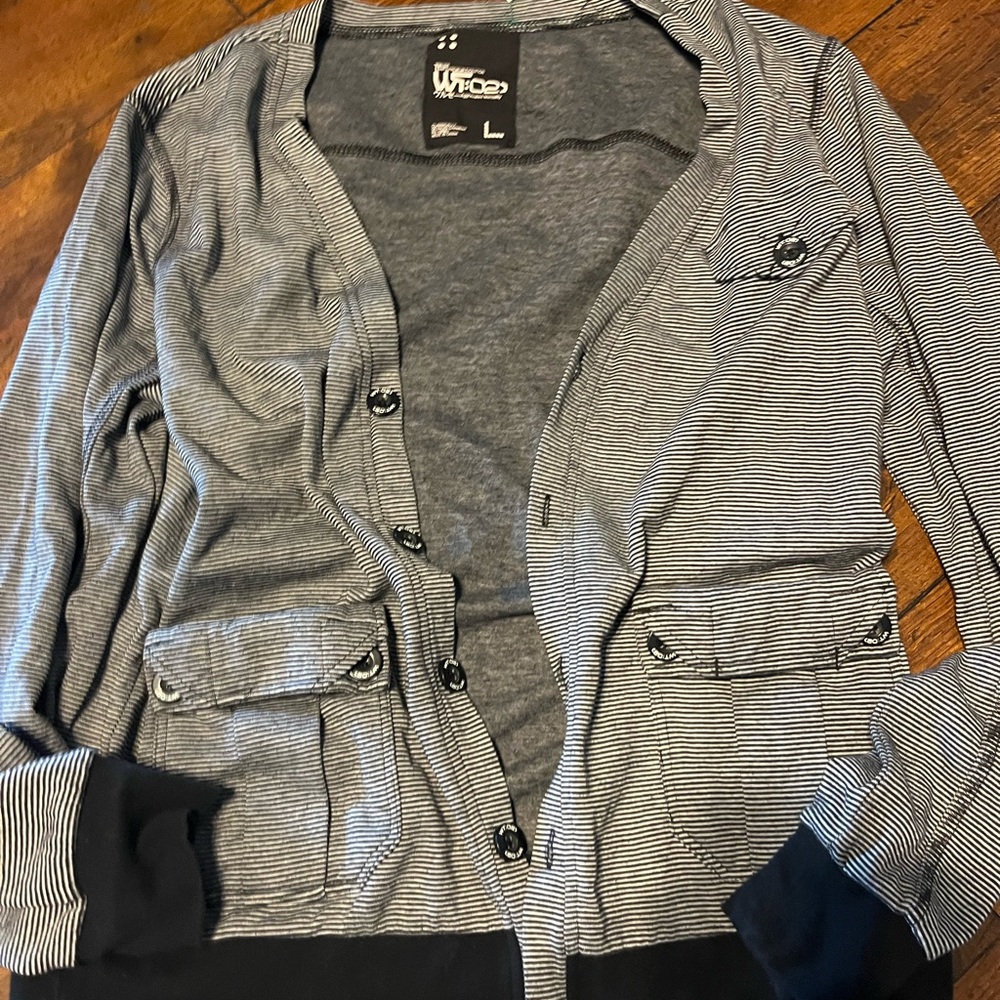 Striped Gray Cardigan Sweater- men’s L but could be unisex